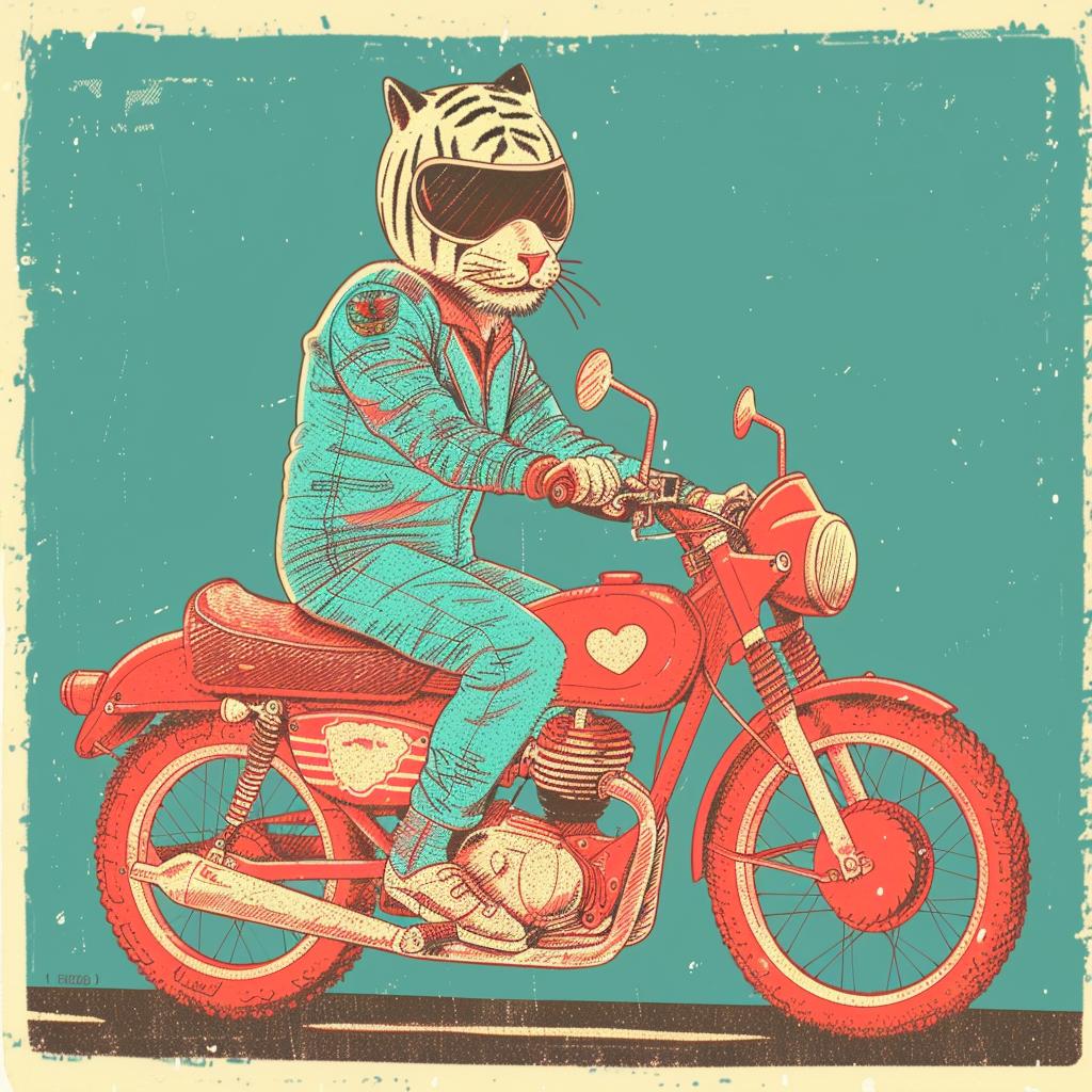 tiger  motorcycle  vintage  poster  adventure  bold  animal  action  graphic  humor 941066