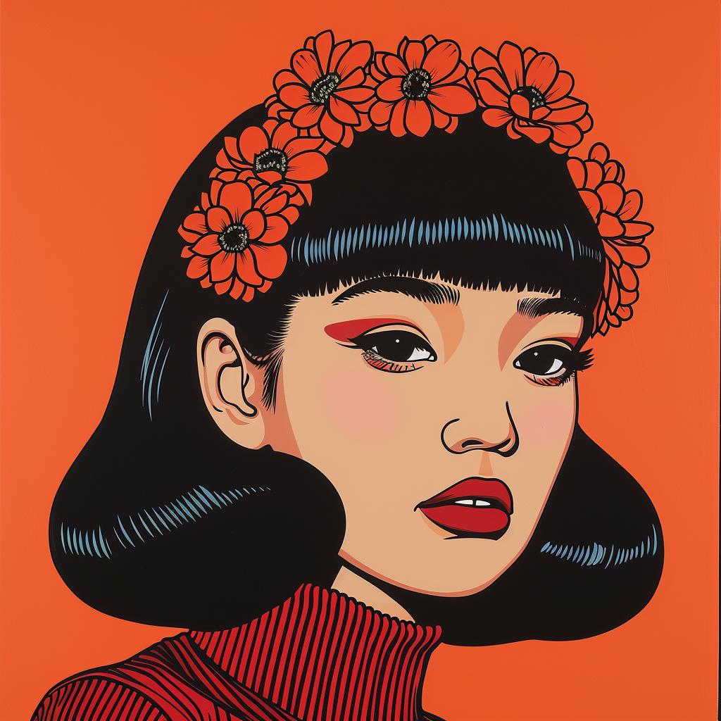 album  cover  painting  woman  black  hair  flowers  stylized  colorful  illustration 1024915