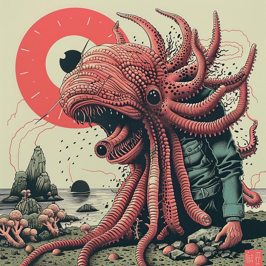 poster  octopus  creature  japanese  lettering  colorful  illustration  whimsical  design  art 946240