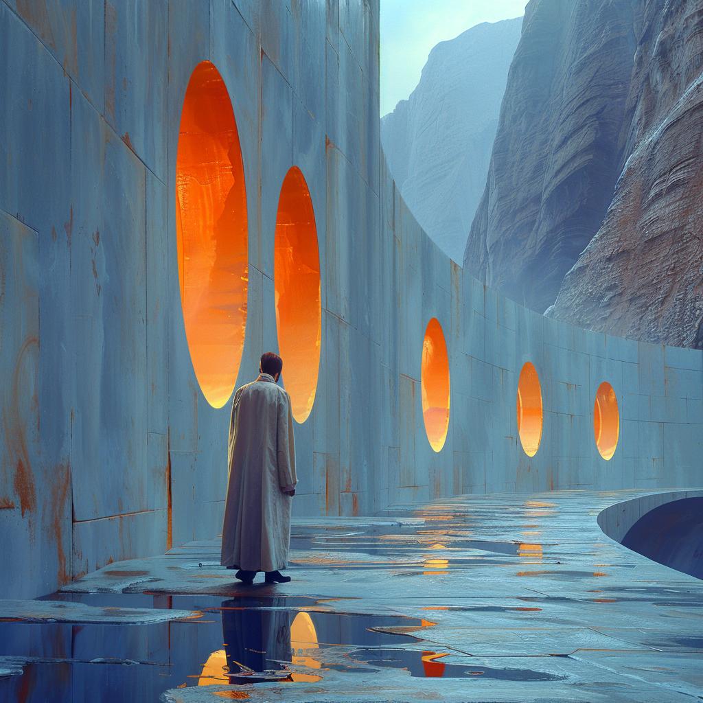 man  robe  large  wall  orange  circles  lighting  surreal  NYC  photo 1031333