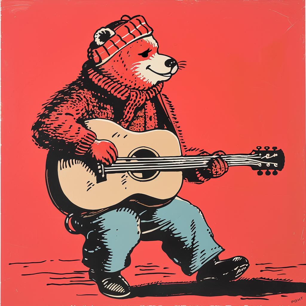 bear  guitar  music  rockstar  anthropomorphic  Norman Rockwell  poster  colorful  illustration  playful 921851