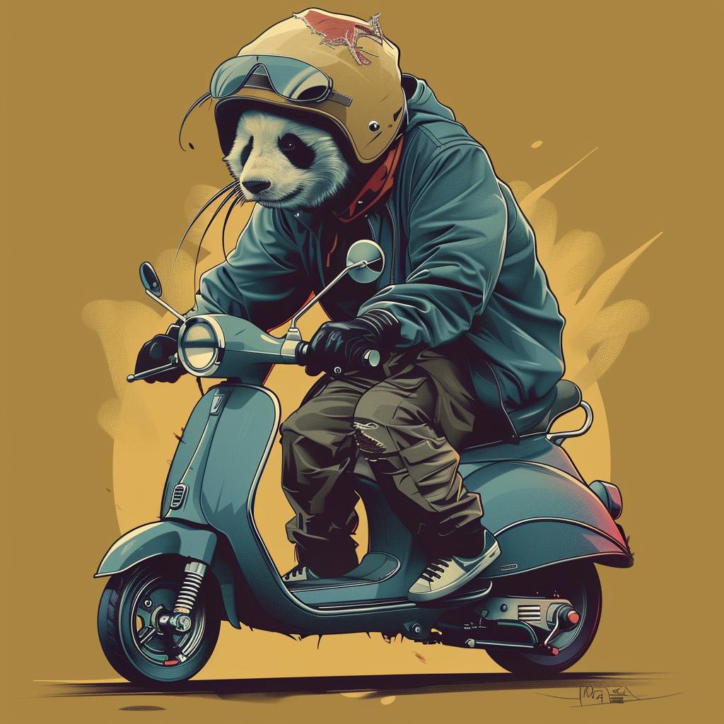 panda  scooter  happy  minimal  blue  yellow  helmet  bag  playful  cartoon 955348