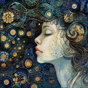 woman  ArtNouveau  Surrealism  pointillism  gold  indigo  teal  mystical  swirl  ambiance 1077204