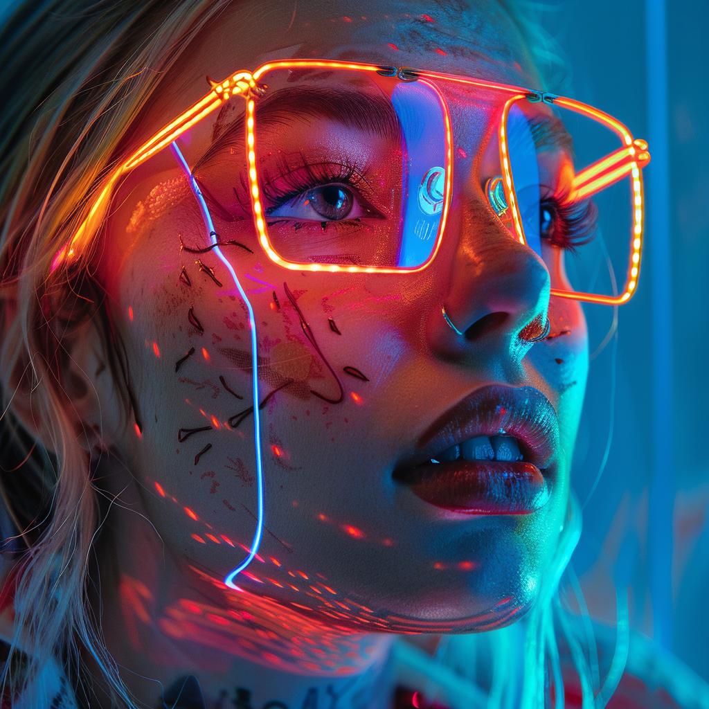 غلاف ألبوم سريالي، امرأة سايبورغ نيون، أضواء، نظارات، وشم إبداعي 976310