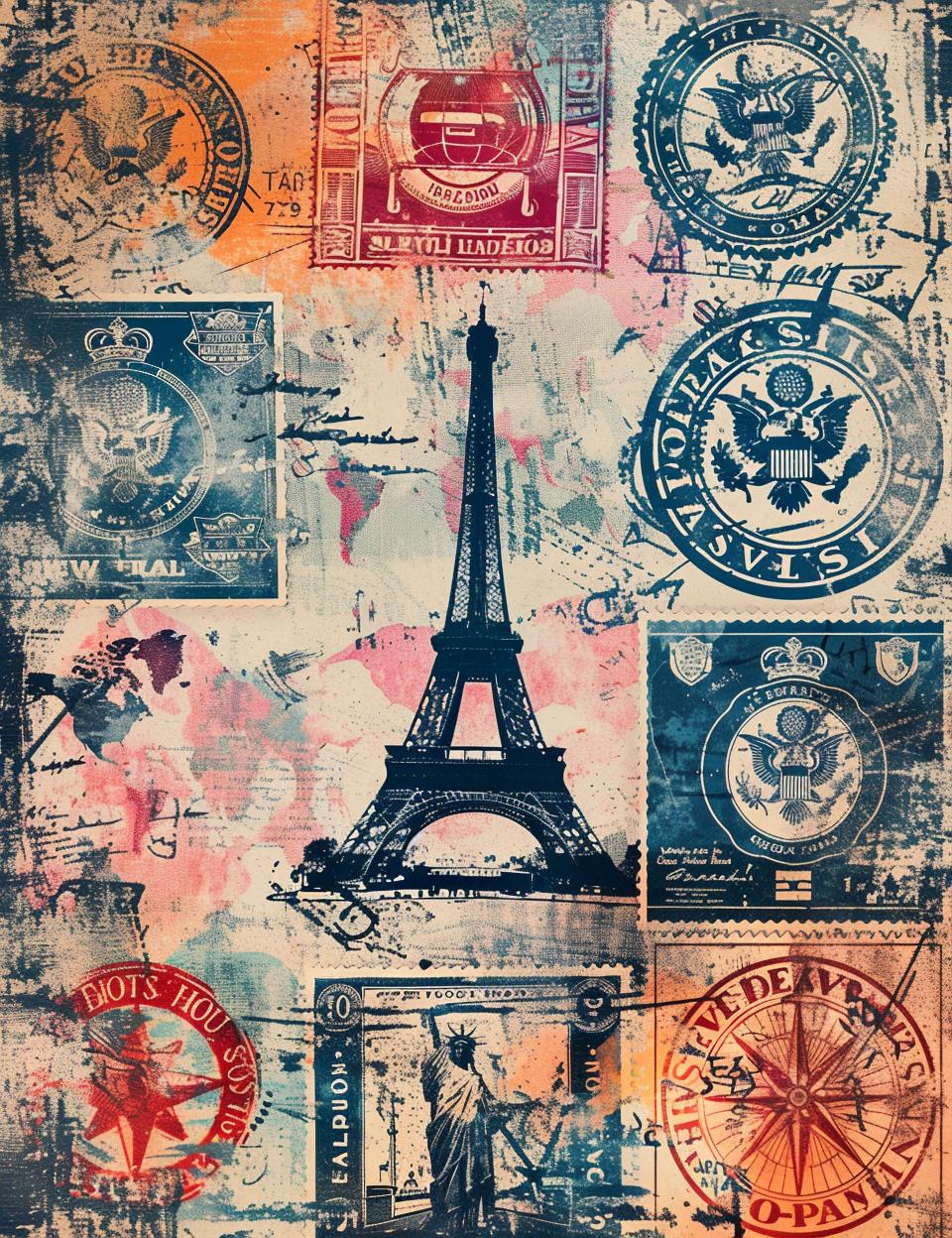 vintage  travel  stamps  Eiffel  tower  painting  distressed  vector  art  collectible 918264