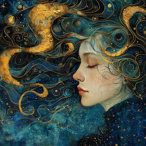 Art Nouveau  Surrealism  pointillism  woman  stars  mystical  gold  indigo  teal  ambiance 1077181