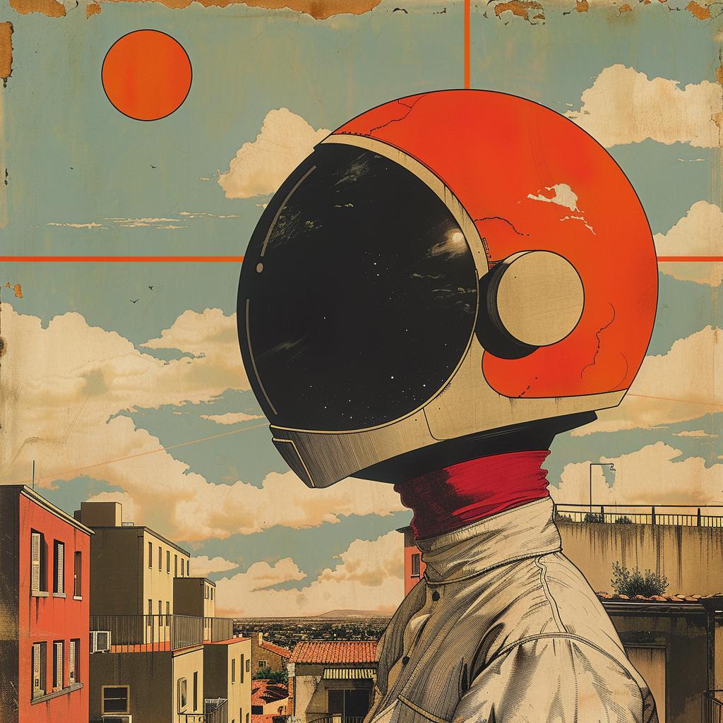 surreal  album  cover  hyper-realistic  screenprinting  man  helmet  camera  Seth  Globepainter 960332