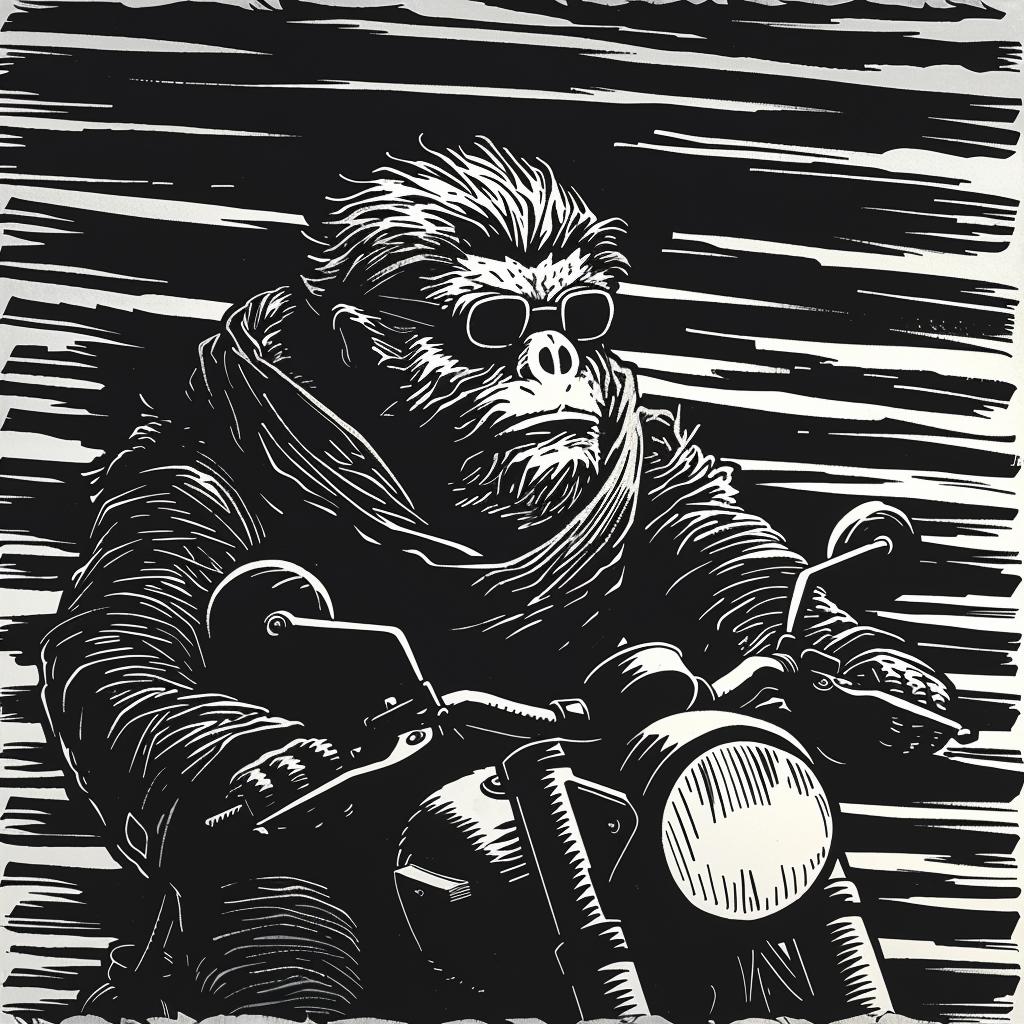 bigfoot  scarf  goggles  motorcycle  black  white  drawing  stylized  anthropomorphic  humorous 1026035