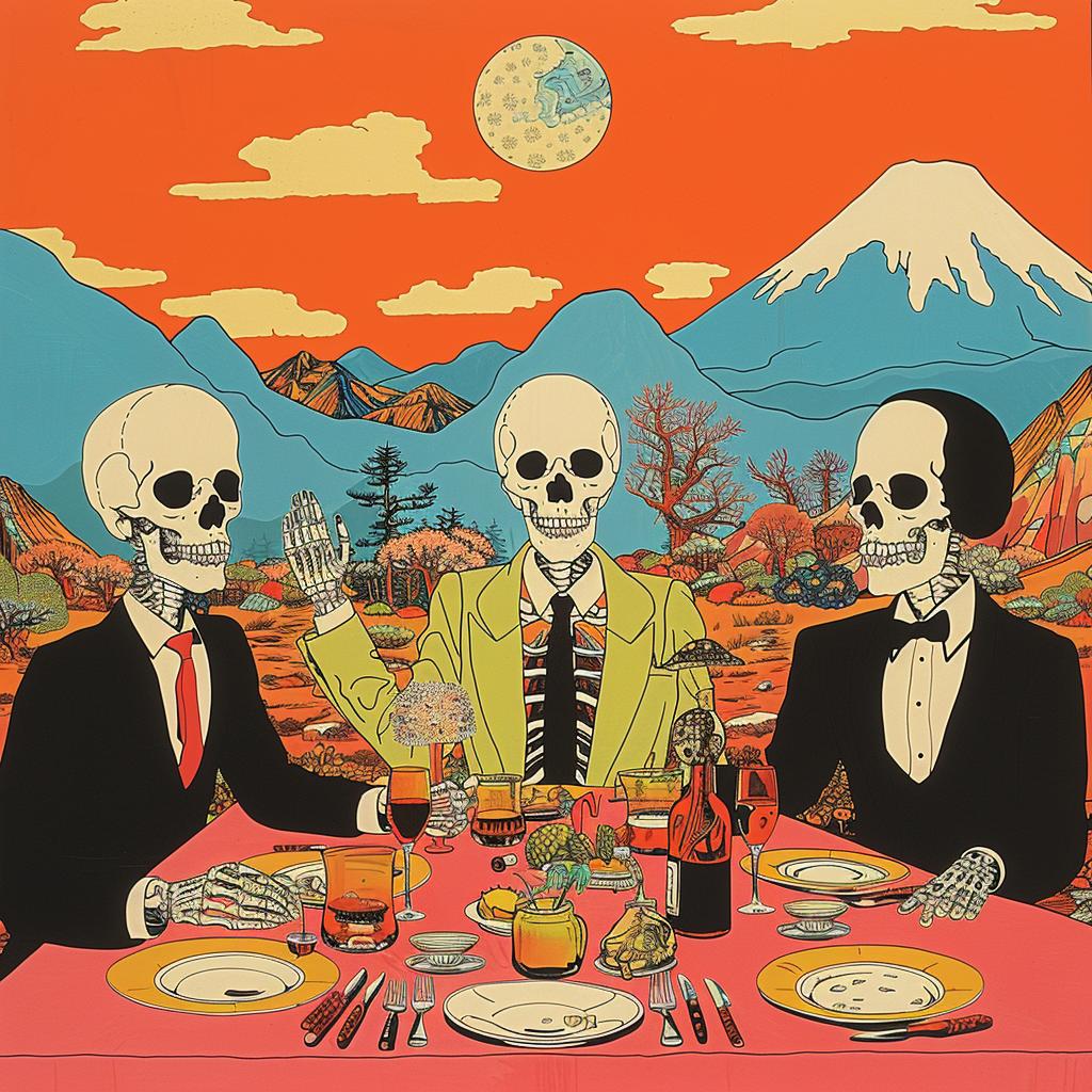 surreal  skeletons  mountain  table  album  cover  Joan  Cornella  creative  art 1017970