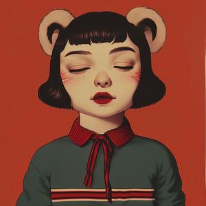 surreal  album  cover  girl  bear  ears  background  symbolist  risograph  hyper-realistic 1077750