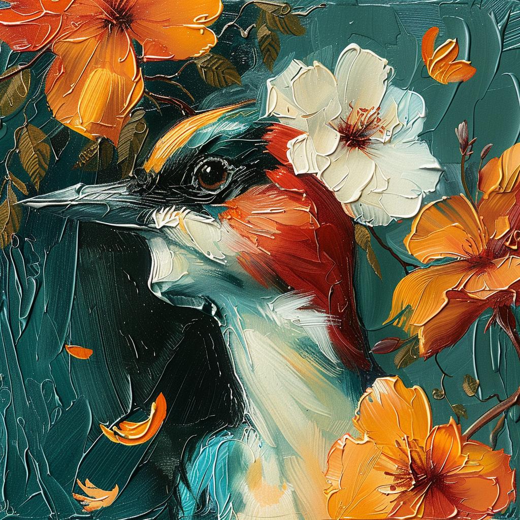 bird  flowers  teal  ochre  painting  nature  vibrant  floral  colorful  art 963592