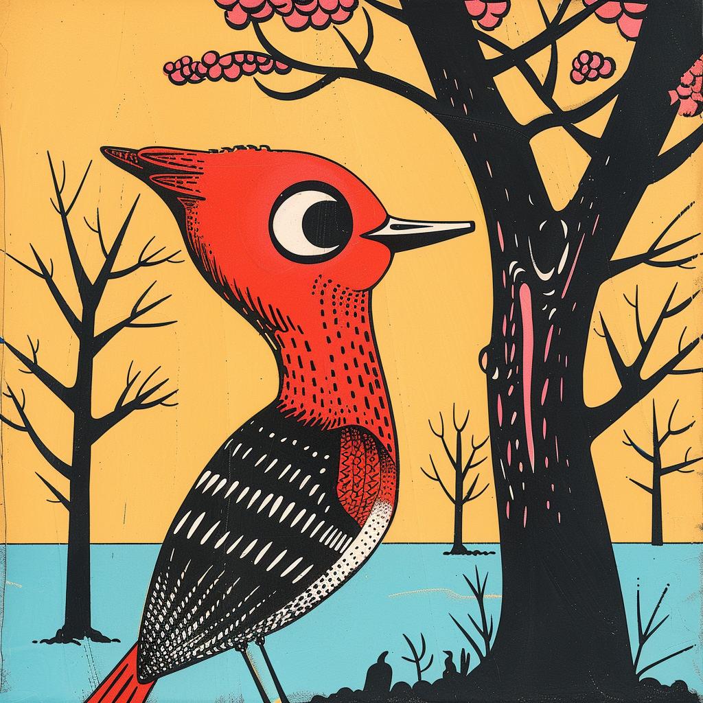 red  bird  tree  surreal  artwork  painting  provoking  natural  elements  creativity 921668
