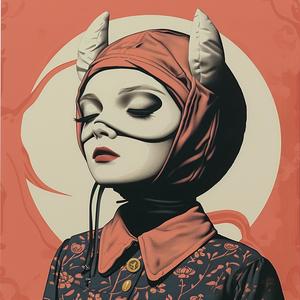 surreal  album  cover  woman  devil  costume  horns  hat  Risograph  art 1074796