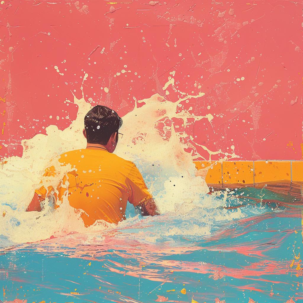 surreal  album  cover  man  yellow  shirt  surfboard  pool  vibrant  Joan 977188