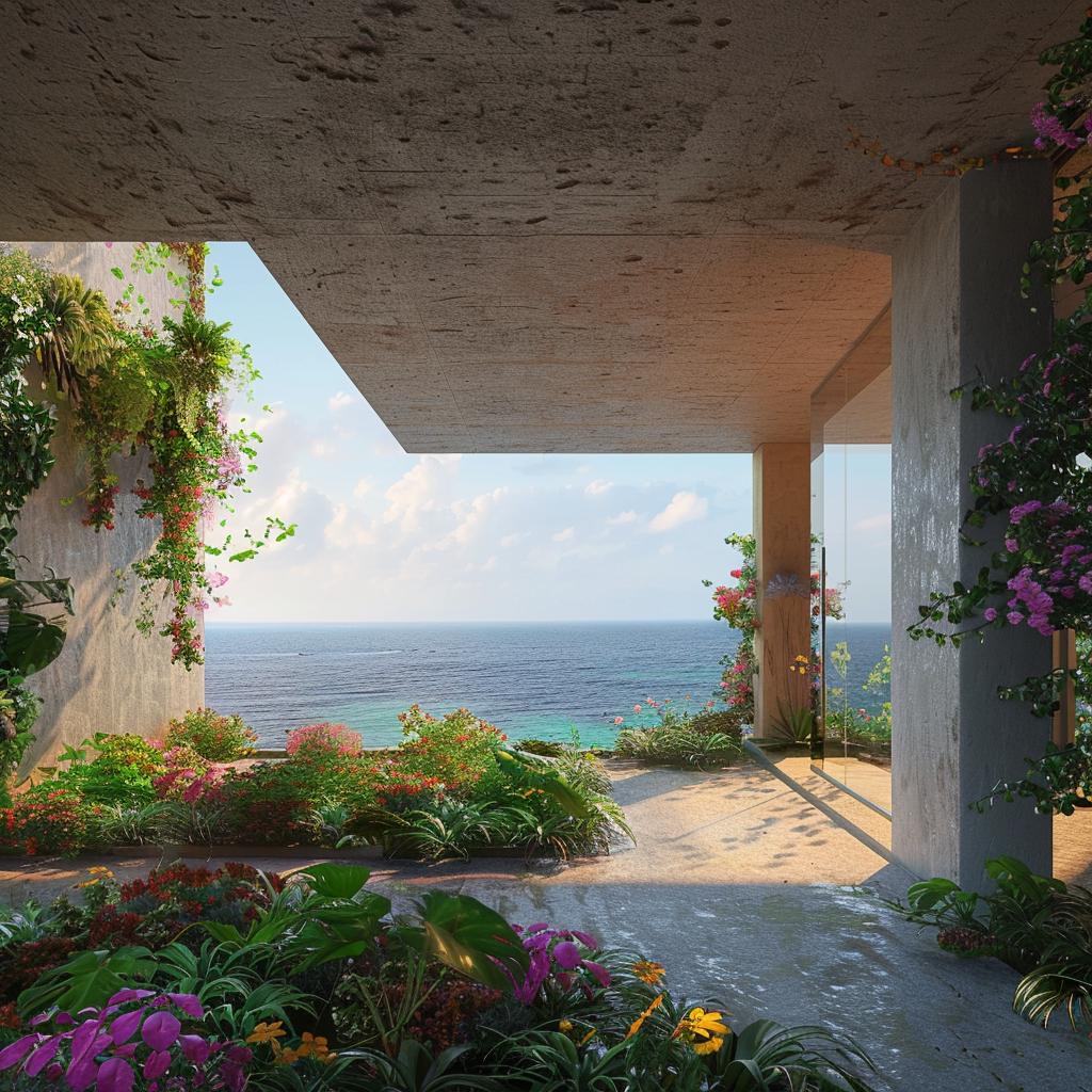 LeCorbusier  architecture  ocean  rendering  balcony  view  modern  flowers  serene  landscape 1036425