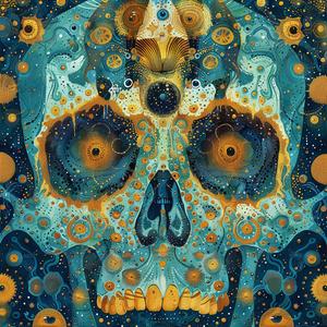 Art Nouveau  Surrealism  Pointillism  Skull  Blue  Gold  Background  Dark  Occult  Painting 1076996