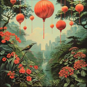 garden  lanterns  flowers  peaceful  nature  chromolithography  vibrant  color  landscape  art 1040807
