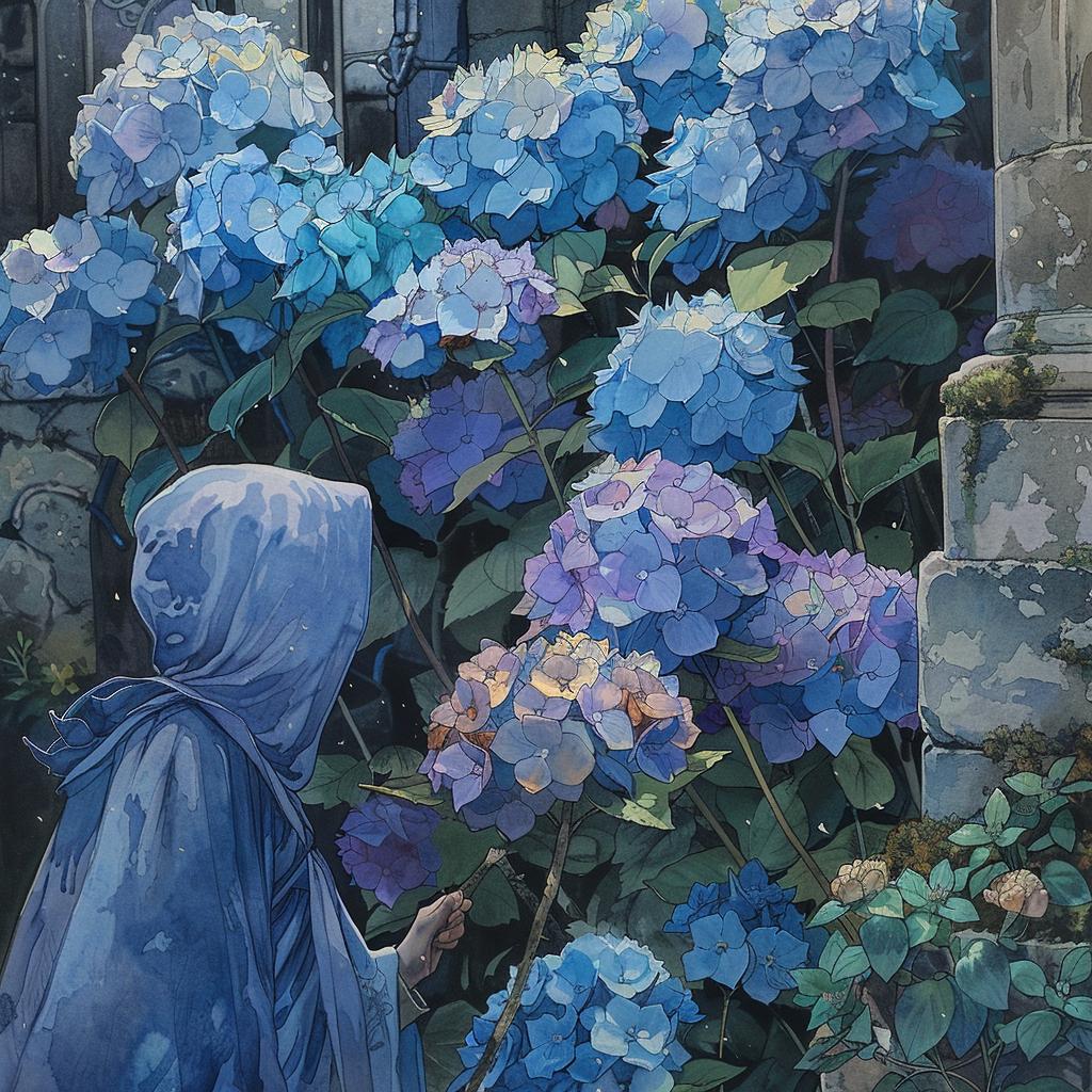 woman  blue  cloak  flowers  hydrangea  portrait  nature  colorful  soft  expressionistic 970473