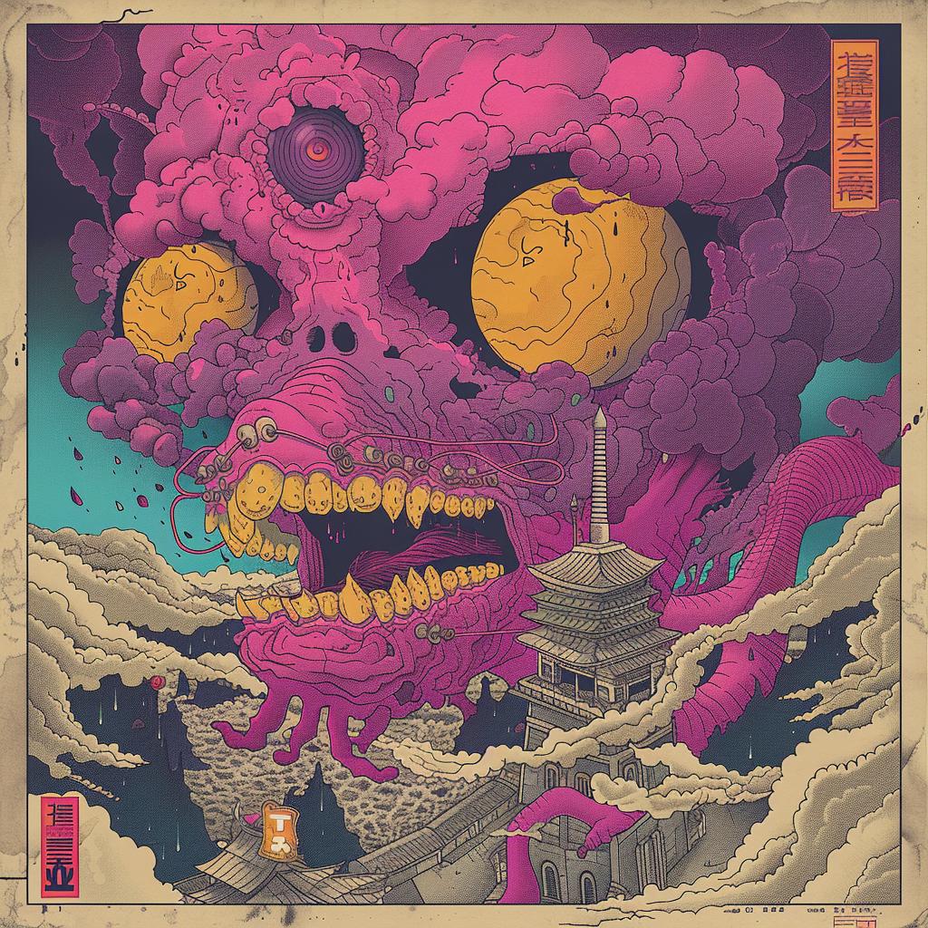 surreal  album  cover  monster  hyper-realistic  screenprinting  axonometric  Toshio  Saeki  vibrant 961712