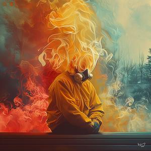 chromolithography  fire  flames  man  yellow  jacket  smoke  bench  illustration  style 1054333