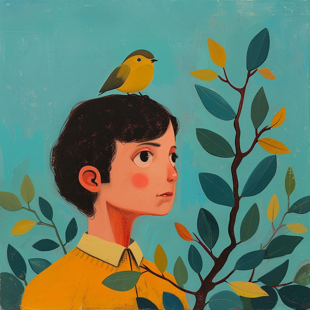 surreal  album  cover  Joan  Cornella  boy  bird  head  painting  color 1017666
