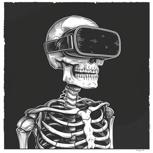 skeleton  VR  headset  monoprint  black  white  linocut  vector  design  character 1070814