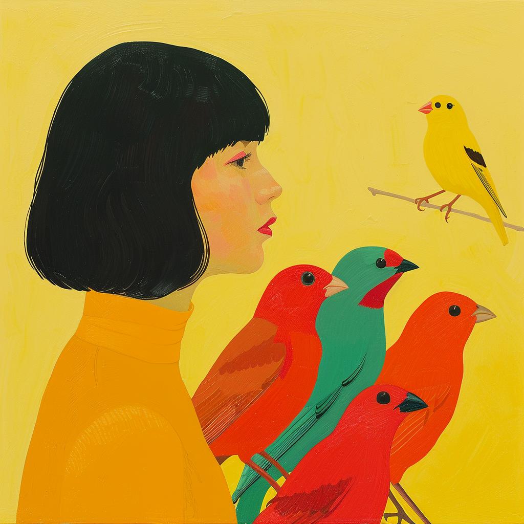 surreal  album  cover  Cornella  birds  woman  painting  colorful  playful  creative 1017571