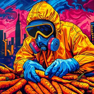 hazmatsuit  man  carrots  urban  chromolithography  symbolist  playful  colorful  surreal  humorous 1037476