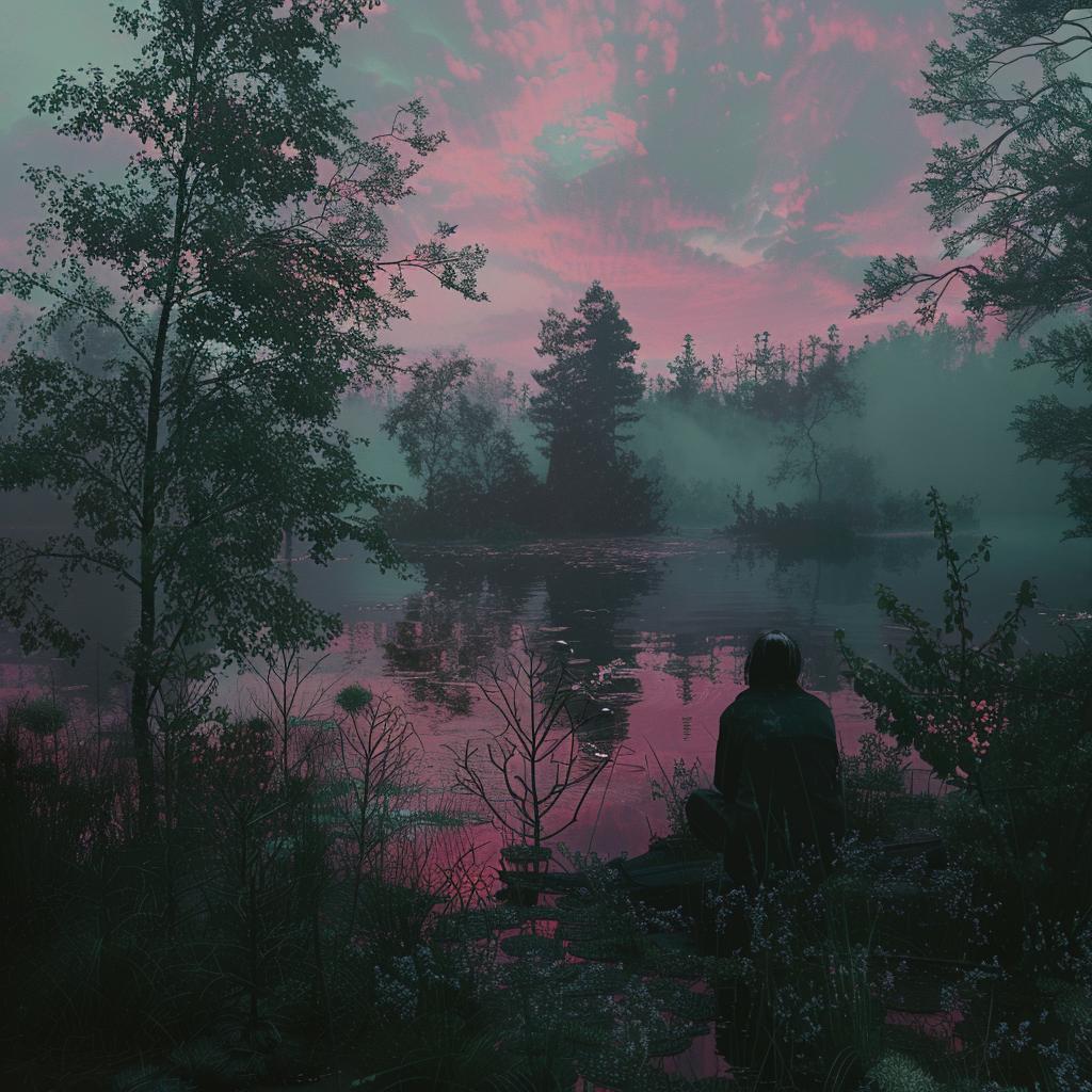 horror  surreal  pastel  pink  green  evil  dark  lake  sunset  scene 972053