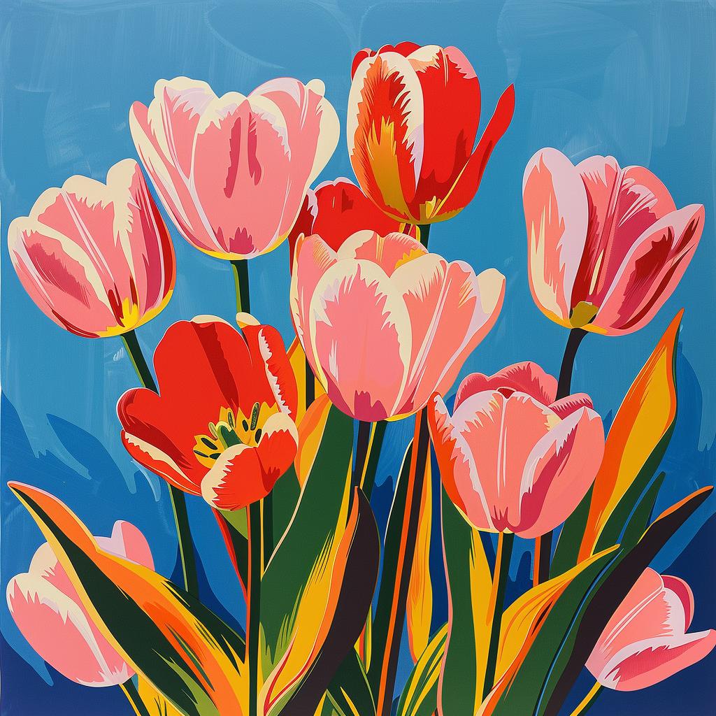 tulips  pink  painting  blue  background  Risograph  Chinese  MaudLewis  floral  art 970569