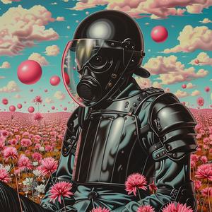 police  officer  menacing  horse  helmet  gas  mask  field  flowers  illustration 1037392