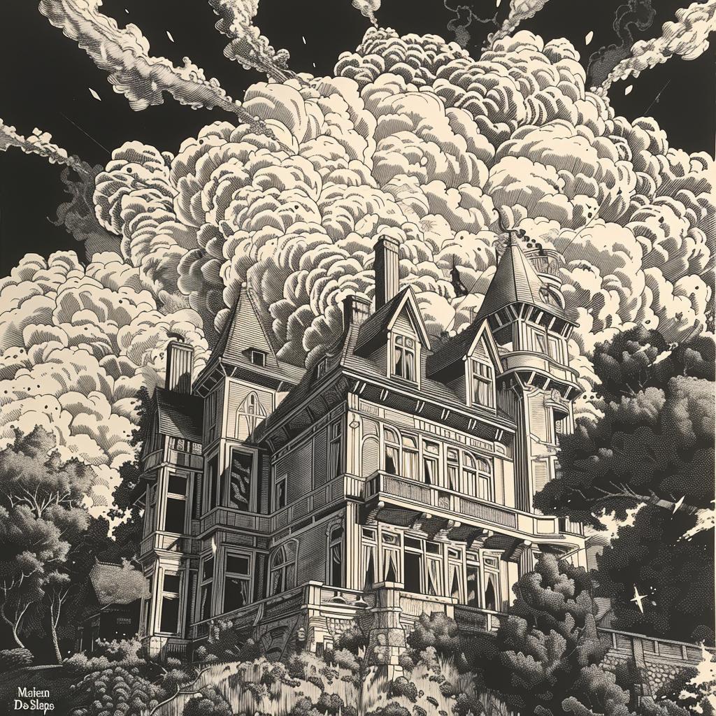 linocut  print  blackandwhite  album  cover  castle  clouds  minimal  design  art 964362