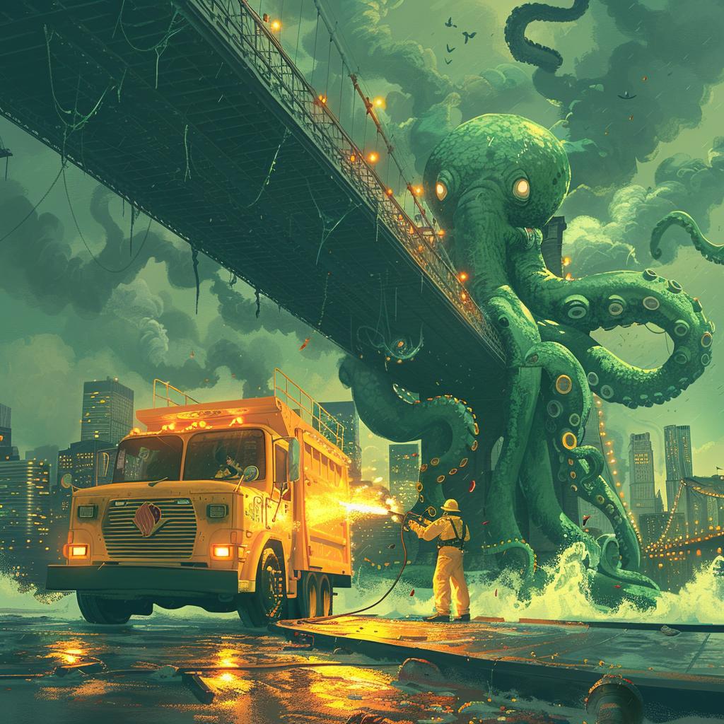 octopus  truck  chaos  Brooklyn  bridge  Hazmat  surreal  noir  monster  artwork 1018197