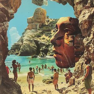 man  cave  beach  surrealist  collage  montage  vintage  advertisement  enigmatic  scene 1047409