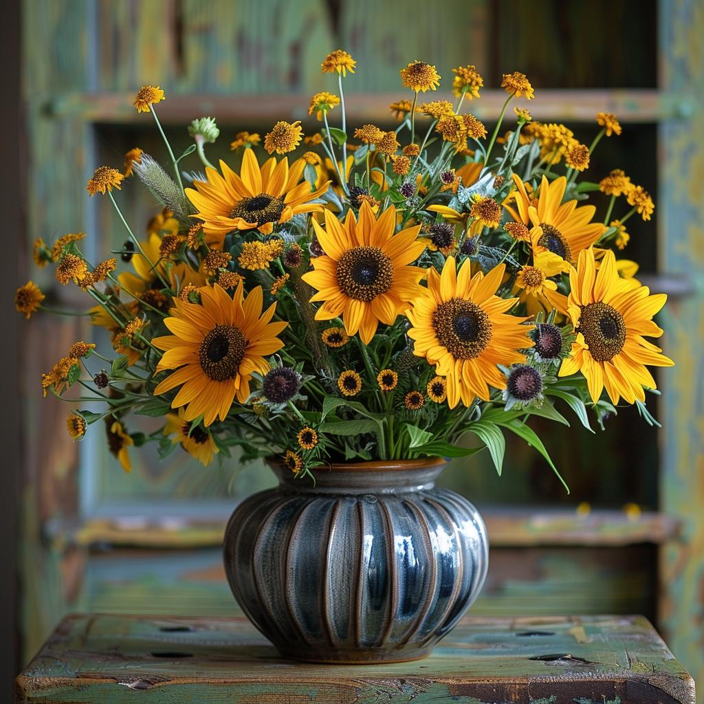 sunflower  arrangement  vase  wooden  table  flowers  bright  colorful  nature  still-life 927481