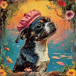painting  dog  hat  pink  chromolithography  whimsical  pet  colorful  animal  art 1052670
