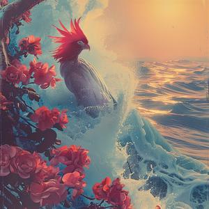 bird  wave  flower  chromolithography  dynamic  nature  colorful  painting  ocean  art 1040148