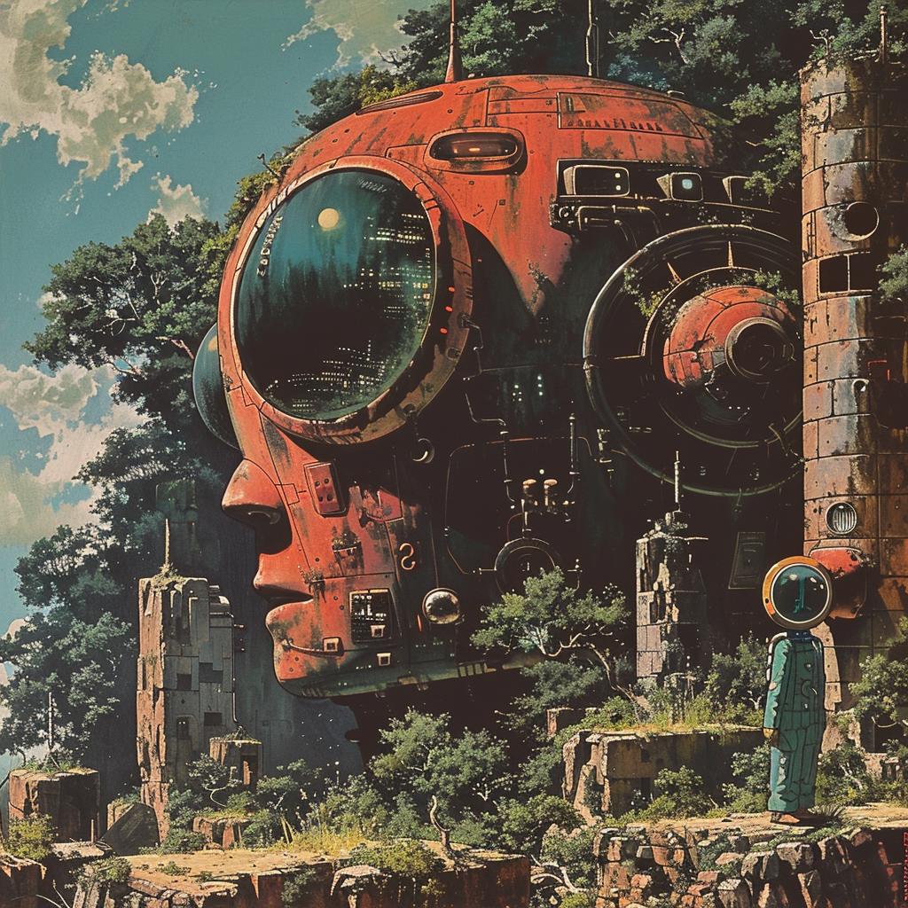 sci-fi  retro  robot  cliff  vintage  painting  dark  landscape  Karel  Ghibli 922278