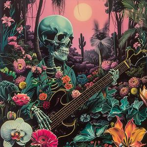 skeleton  guitar  garden  music  chromolithography  whimsy  colorful  playful  nature  art 1037816