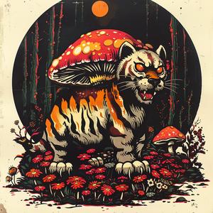 tiger  mushrooms  forest  poster  chromolithography  wildlife  nature  colorful  animal  art 1048455