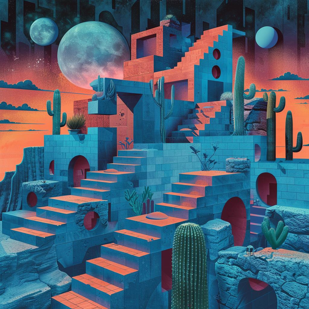 album  cover  Tycho  desert  landscape  stairs  cactus  trippy  geometric  colors 960638