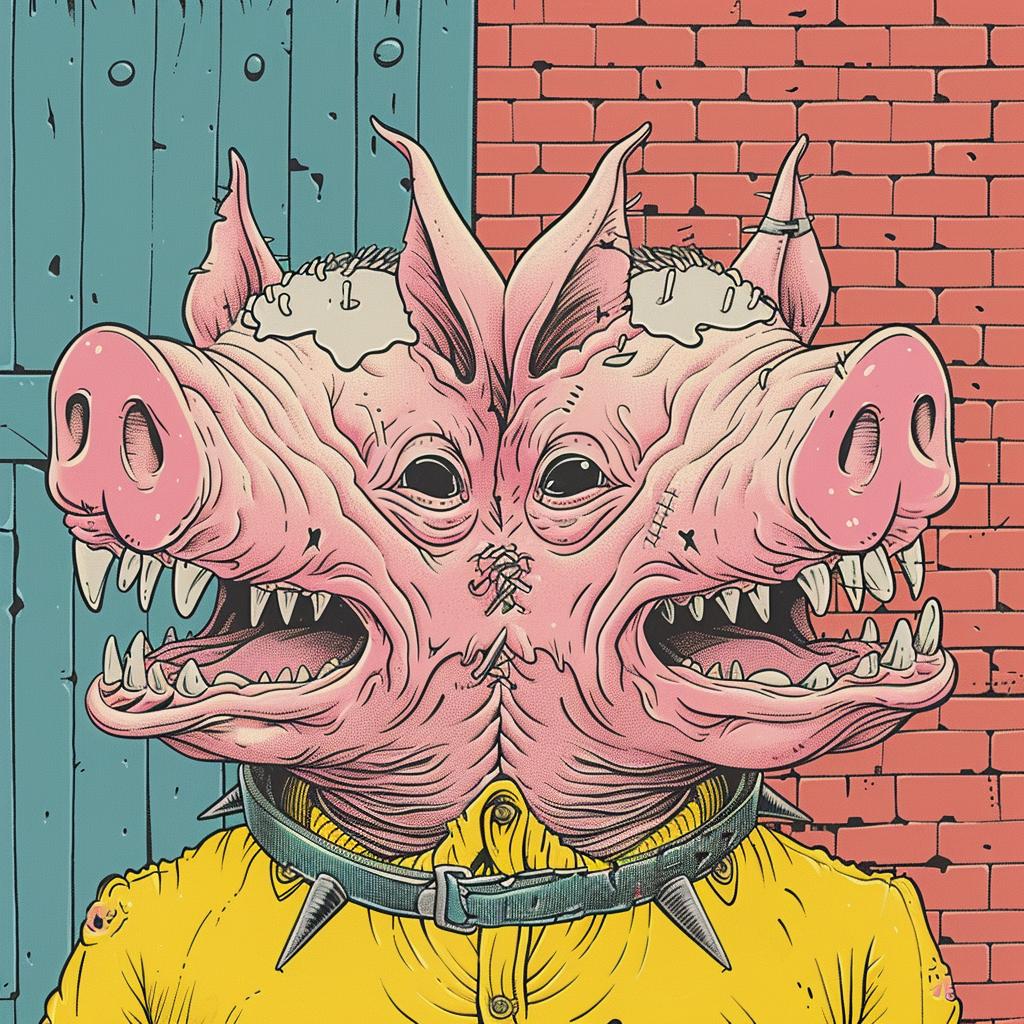 mythical  pig  conjoined  terrifying  spiked  collar  creature  mouths  open  heads 927959