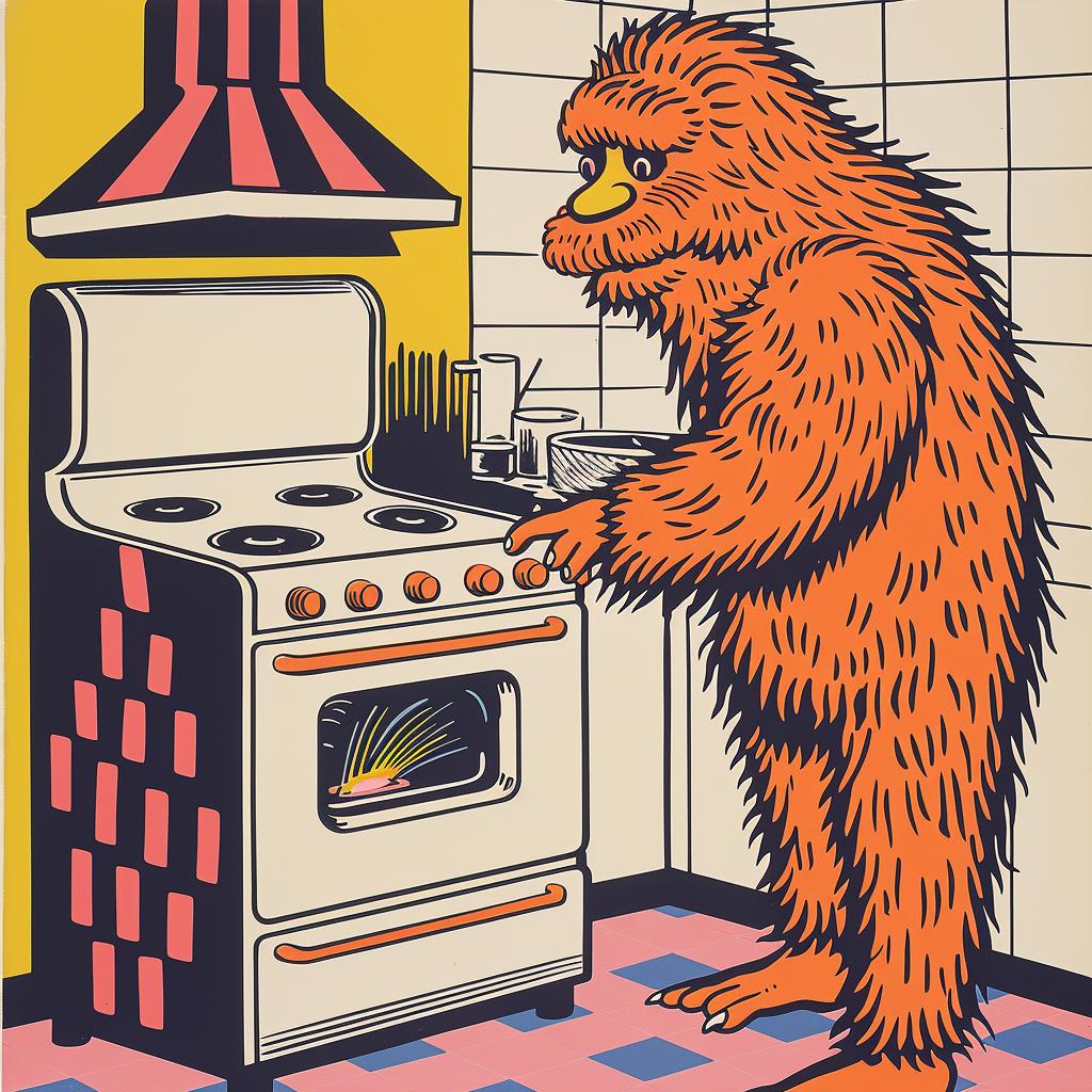 Sasquatch  kitchen  cooking  poster  humorous  illustration  whimsical  bigfoot  culinary  fantasy 962704