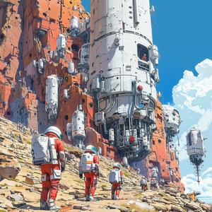 painting  city  mountain  people  spacesuits  cyborg  infrastructure  fantasy  sci-fi  adventure 1074707