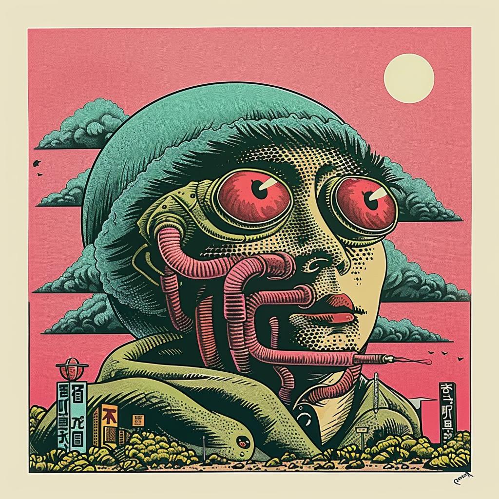 poster  man  red  eyes  hat  japanese  lettering  surreal  art  mystery 946518